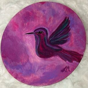 Purple and Pink Hummingbird Acrylic Painting Coaster Original ,Artist Lise Marie